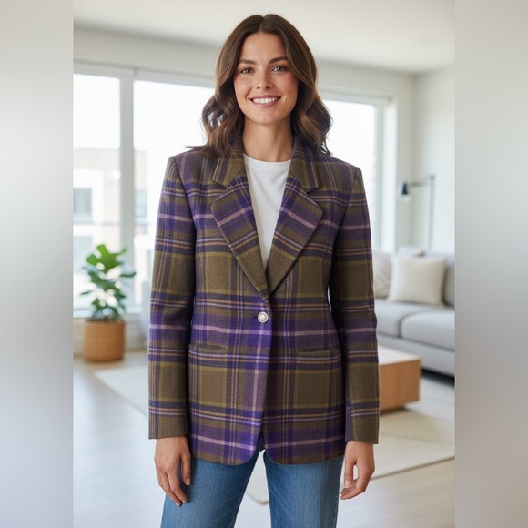 Jackets & Blazers - VTG Corbin Ltd Wool Blazer Women’s Size M Purple Green Plaid Single Button 90s